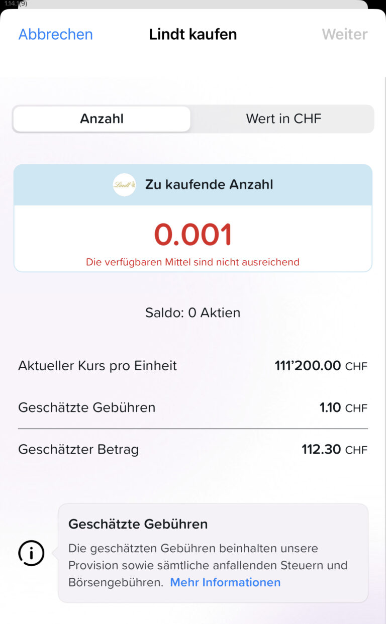 Yuh App Fractional Trading Anteil eingeben
