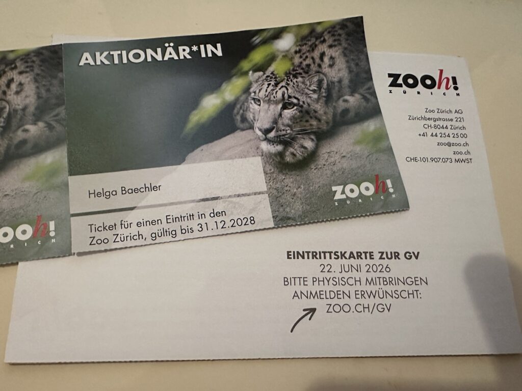Zoo Zürich Aktionärsticket 2026