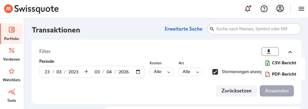 Swissquote Transaktionen als CSV exportieren für Parqet