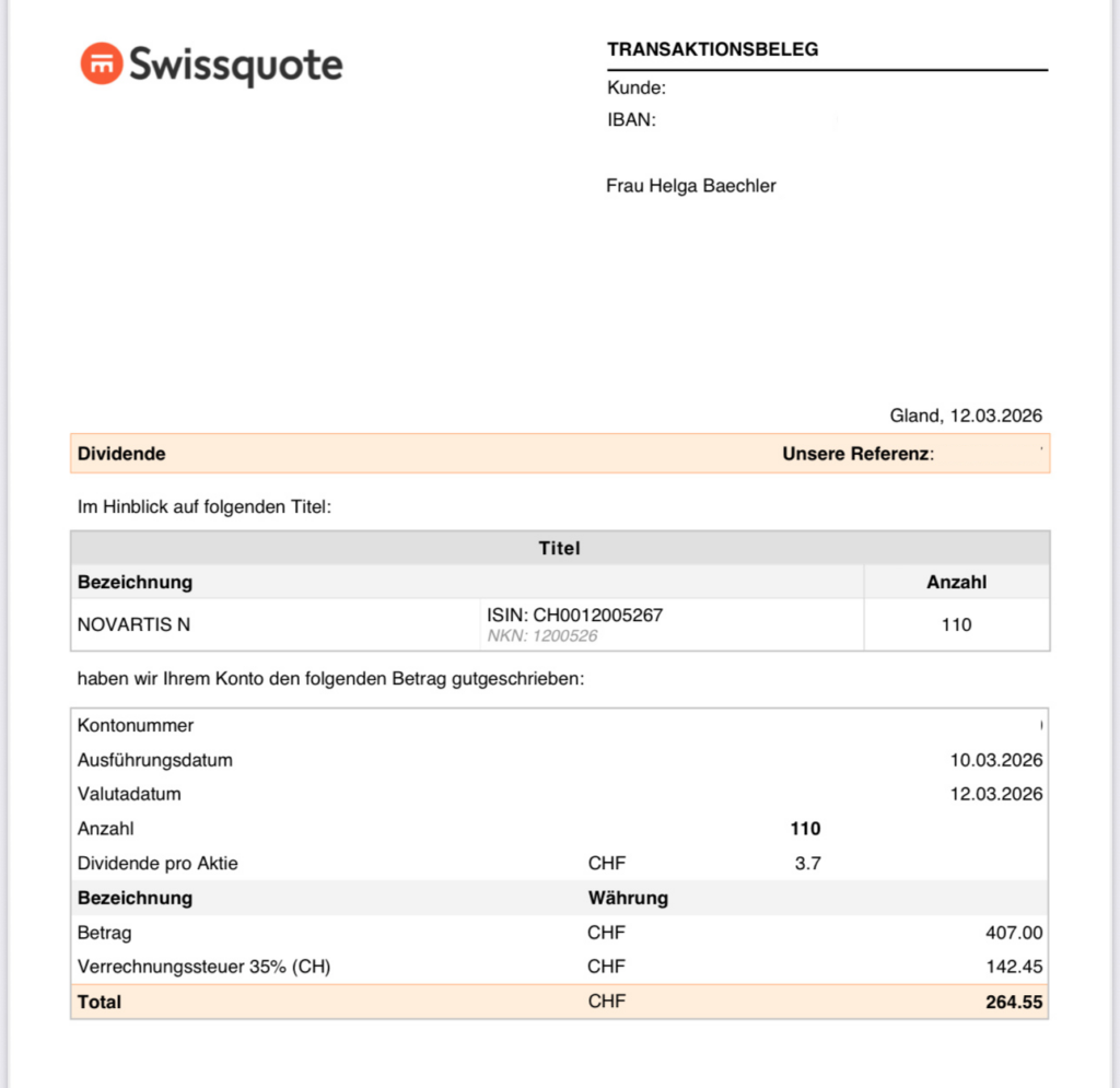 Screenshot Novartis Dividendengutschrift im Swissquote Depot
