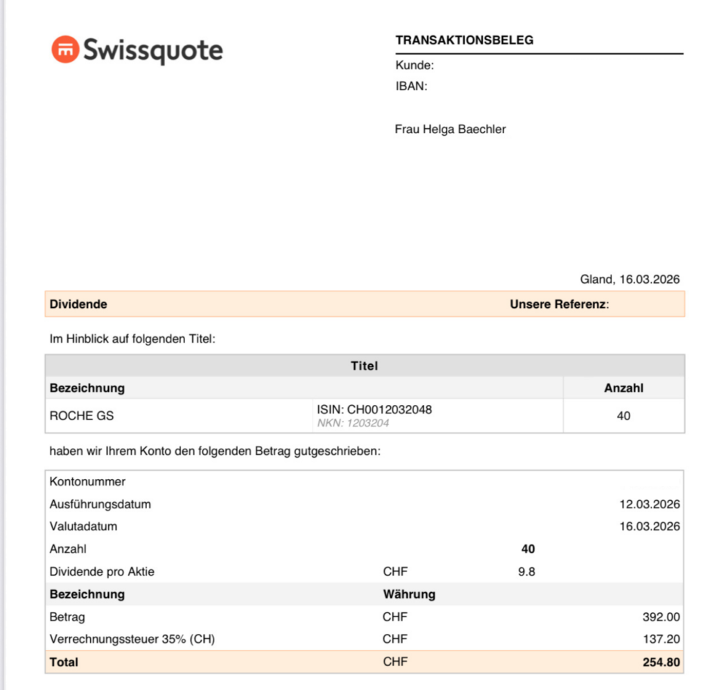 Screenshot Roche Dividendengutschrift im Swissquote Depot