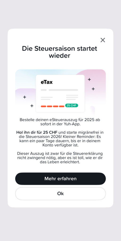 Yuh App: eSteuerauszug in den Dokumenten anfordern, Schritt 1