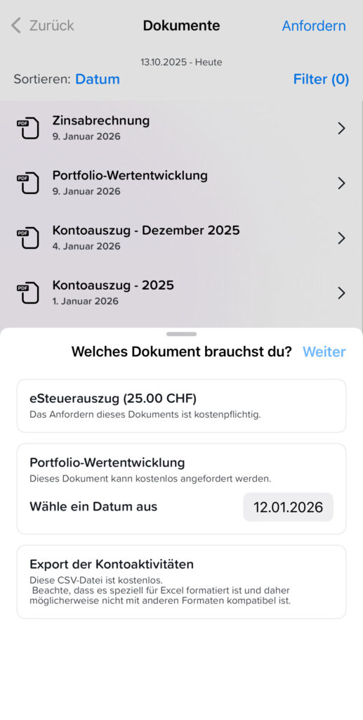 Yuh App: eSteuerauszug in den Dokumenten anfordern, Schritt 2
