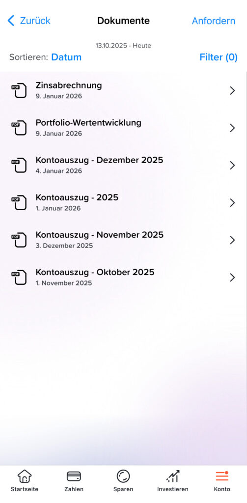 Yuh App: kostenlose Steuerdokumente anfordern, Schritt 1