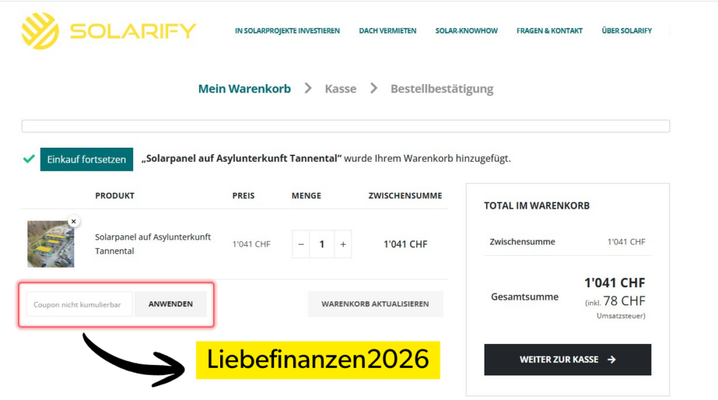 Solarify Warenkorb mit Gutschein Liebefinanzen2026