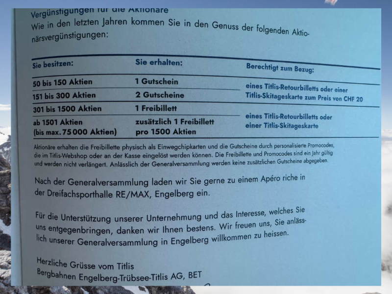 Titlis Aktionärs-Freibillette und Gutscheine