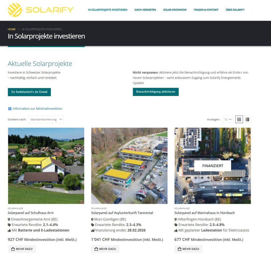 Solarify aktuelle Solarprojekte in der Schweiz übersichtlich dargestellt