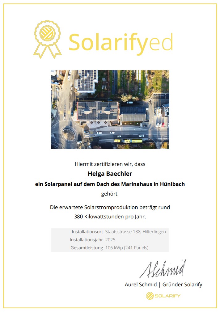 Solarify Zertifikat für Solarpanel Investment