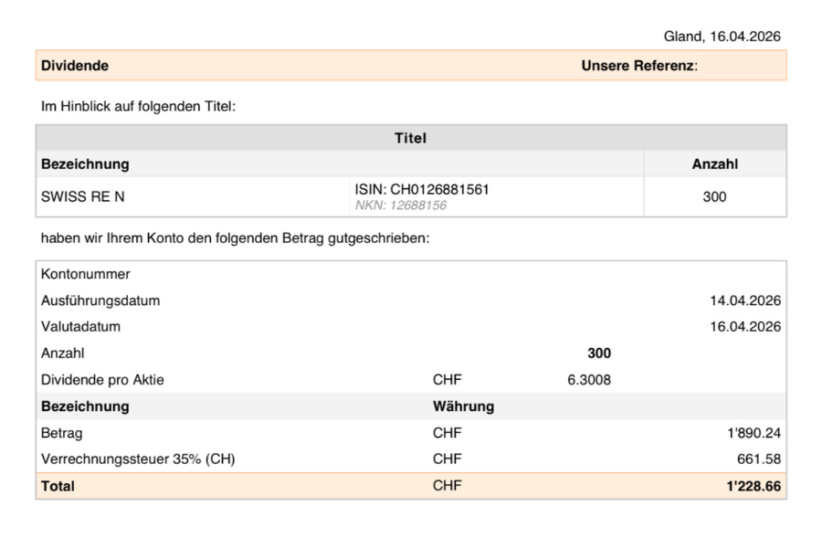 Screenshot Swiss Re Dividendengutschrift im Swissquote Depot