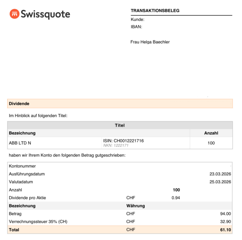 Screenshot ABB Dividendengutschrift im Swissquote Depot