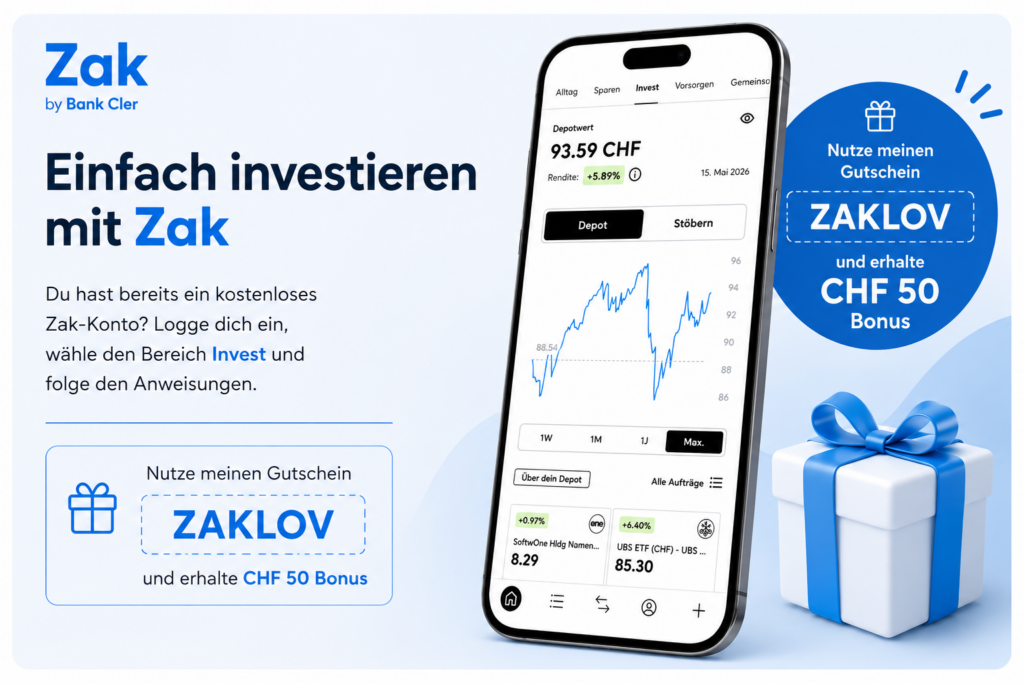 Zak Gutschein Code ZAKLOV für CHF 50 Startguthaben eingeben