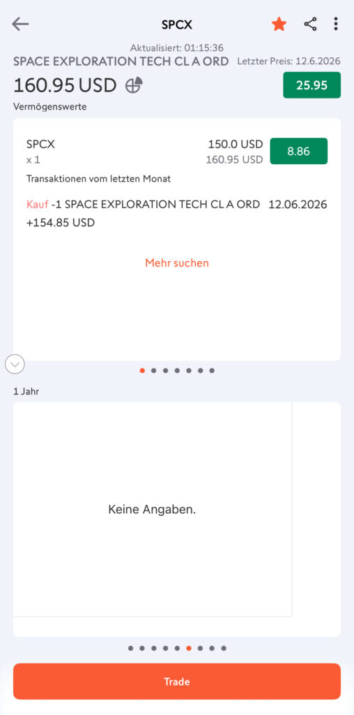 SpaceX Aktie im Swissquote Depot kaufen, Kaufbestätigung