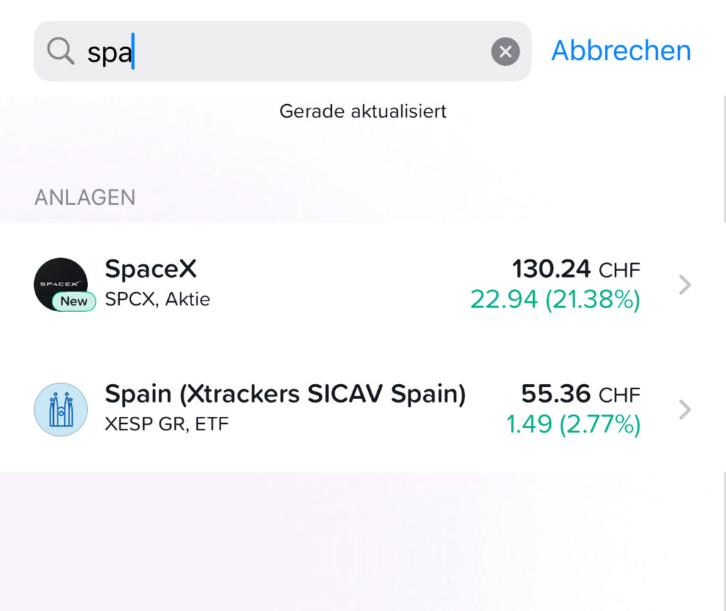 SpaceX Aktie über die Suchfunktion der Yuh App finden