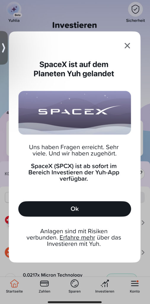 SpaceX Aktie in der Yuh App finden