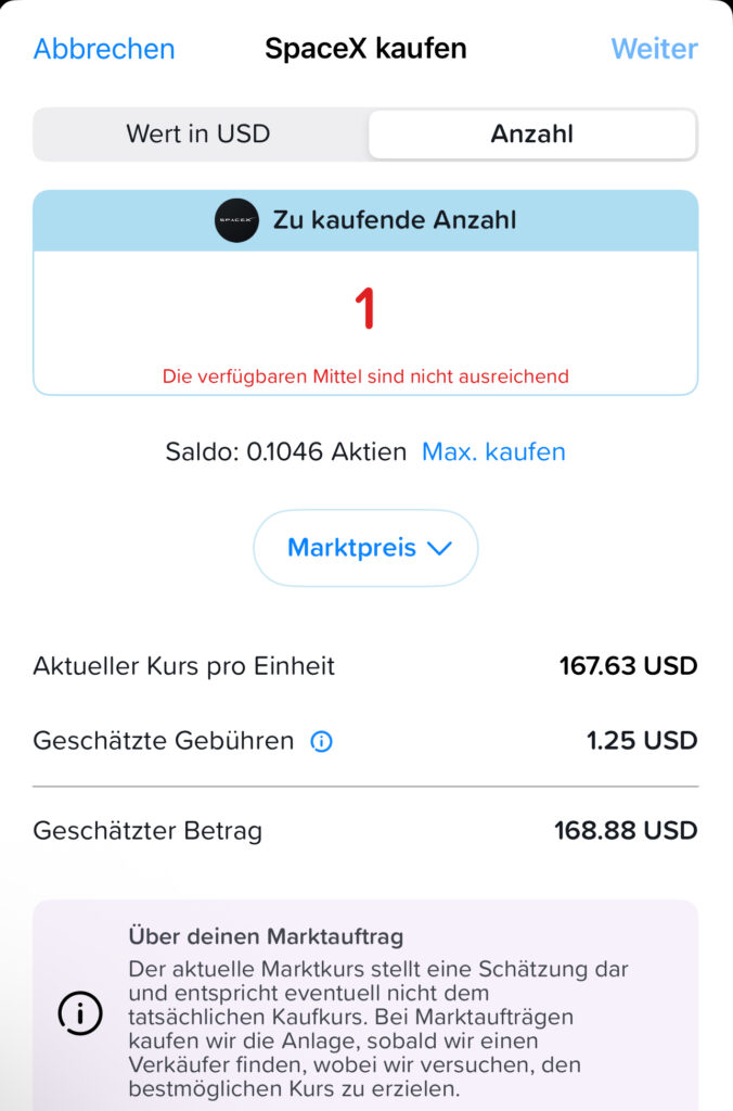 Screenshot Kaufpreis SpaceX Aktie in der Yuh App am 13. Juni 2026