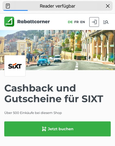 Rabattcorner Cashback für eine Sixt Buchung