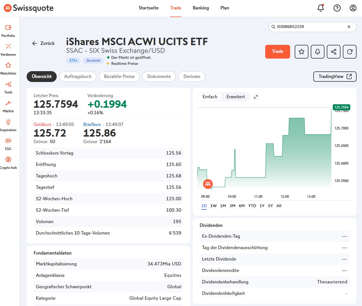 ETF Suche und Kauf bei Swissquote mit ISIN
