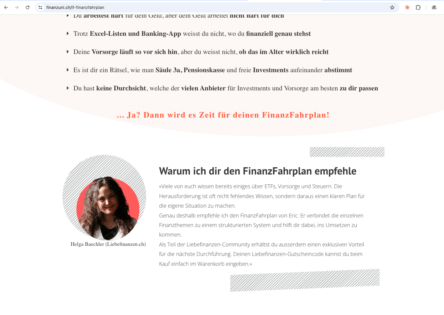 Screenshot der FinanzFahrplan-Verkaufsseite von FinanzUni