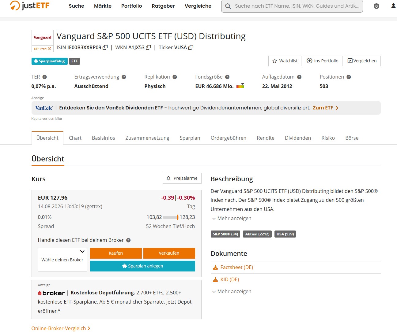 ETF Vergleichsliste mit ISIN auf justETF.com
