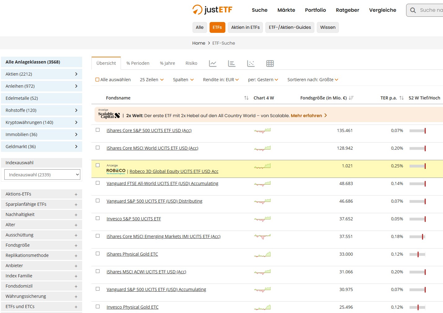 ETF Auswahl und Filter auf justETF.com