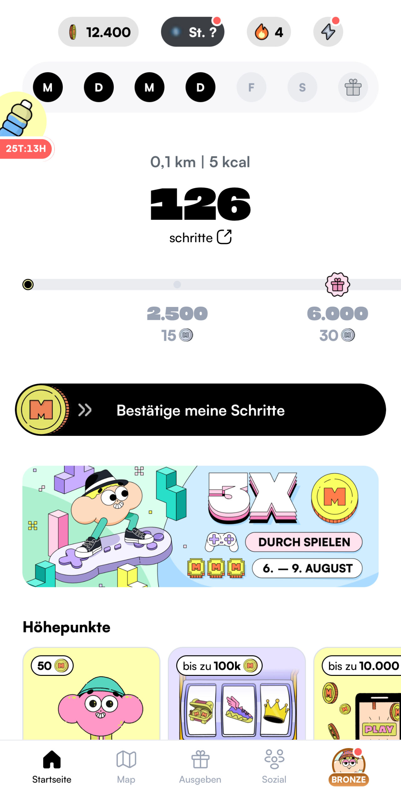 Macadam App Übersicht mit Schritten und Belohnungen