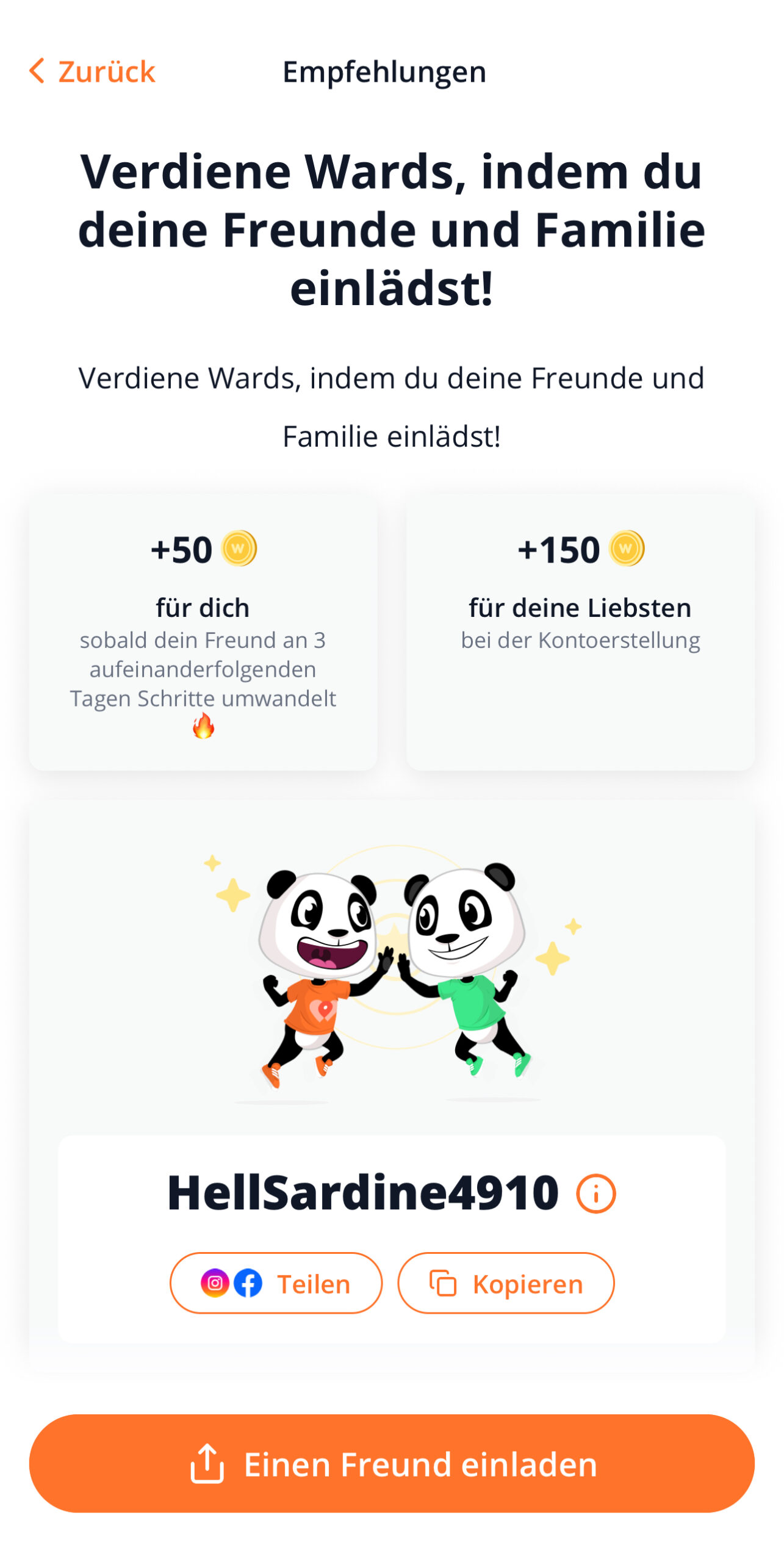 WeWard Empfehlungen-Seite mit Einladungscode