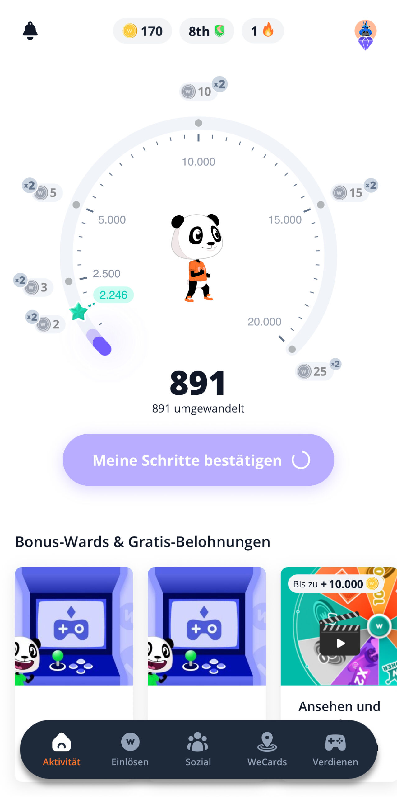 WeWard App: Übersicht mit umgewandelten Schritten und Navigation