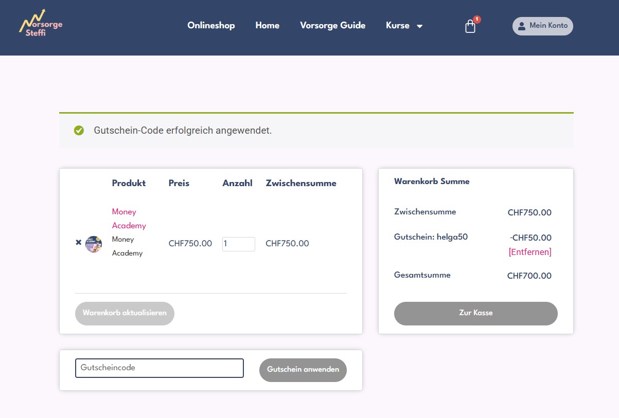 Money Academy Warenkorb mit Gutschein Code helga50 und CHF 50 Rabatt