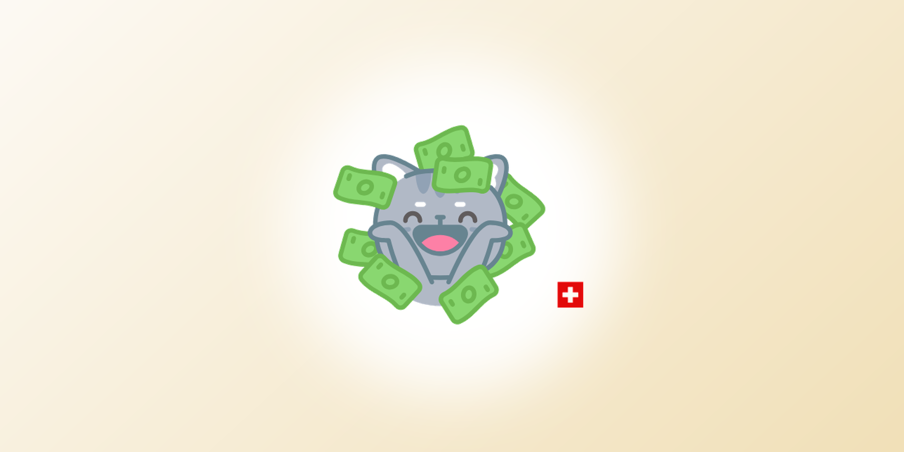 100k-Rechner Schweiz, fröhliche Katze mit Geldscheinen und Schweizer Kreuz