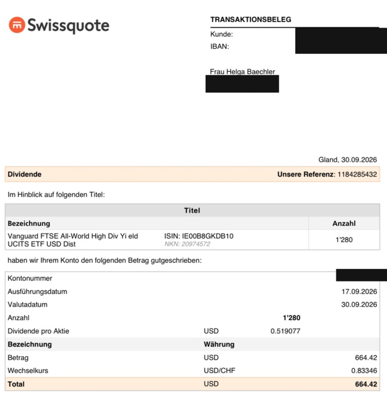 VHYL ETF Ausschüttung September 2026 im Swissquote Depot