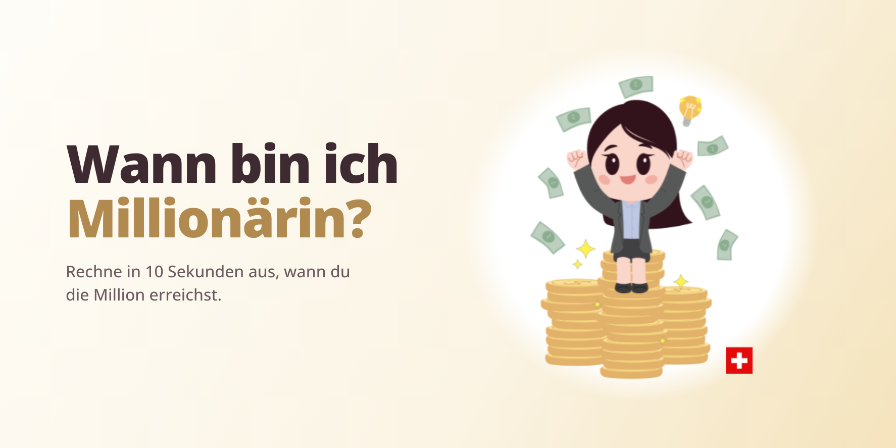 Millionär-Rechner Schweiz: Wann bin ich Millionärin? Illustration einer Frau auf Goldmünzen